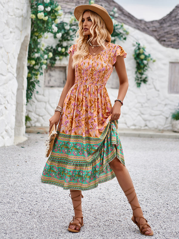 Printed V-neck flying sleeve bohemian dress