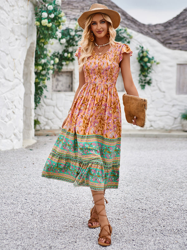 Printed V-neck flying sleeve bohemian dress