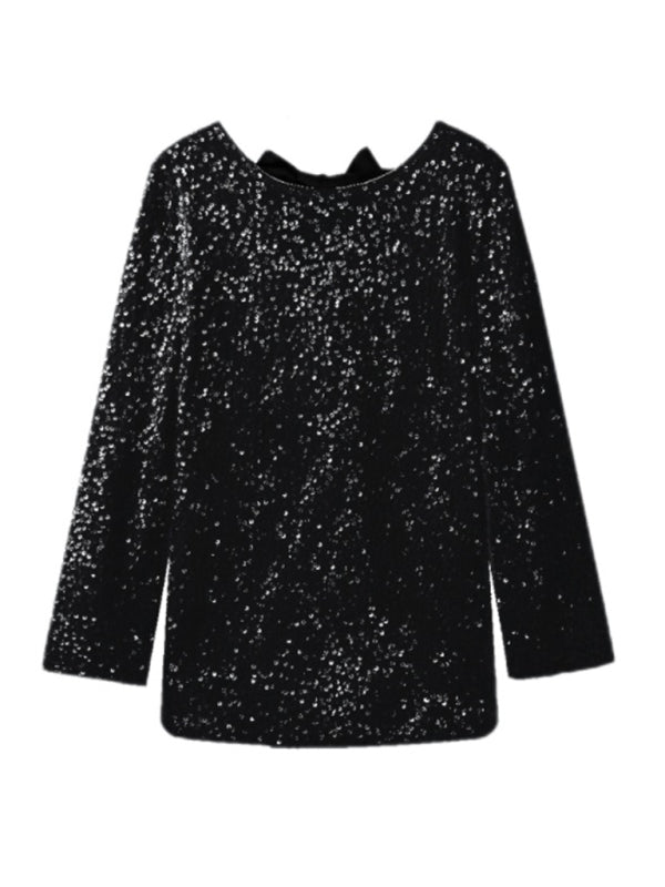 long-sleeved back bow sequined dress