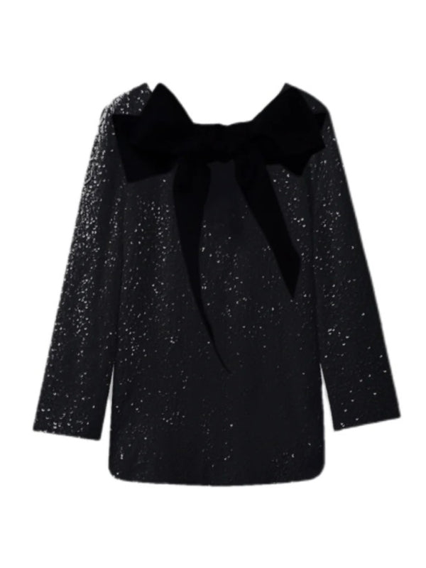 long-sleeved back bow sequined dress