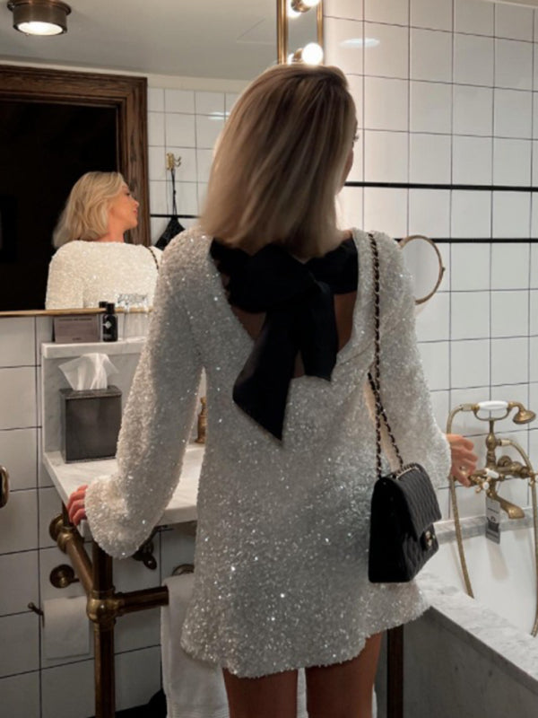 long-sleeved back bow sequined dress