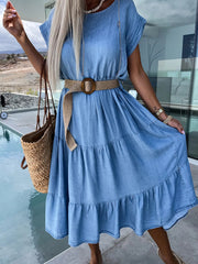 waisted simple round neck solid color dress without belt