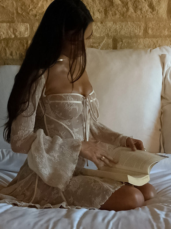 sexy hottie lace printed long-sleeved strappy dress
