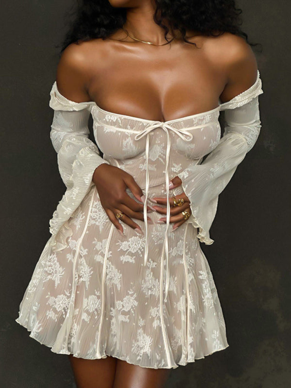 sexy hottie lace printed long-sleeved strappy dress