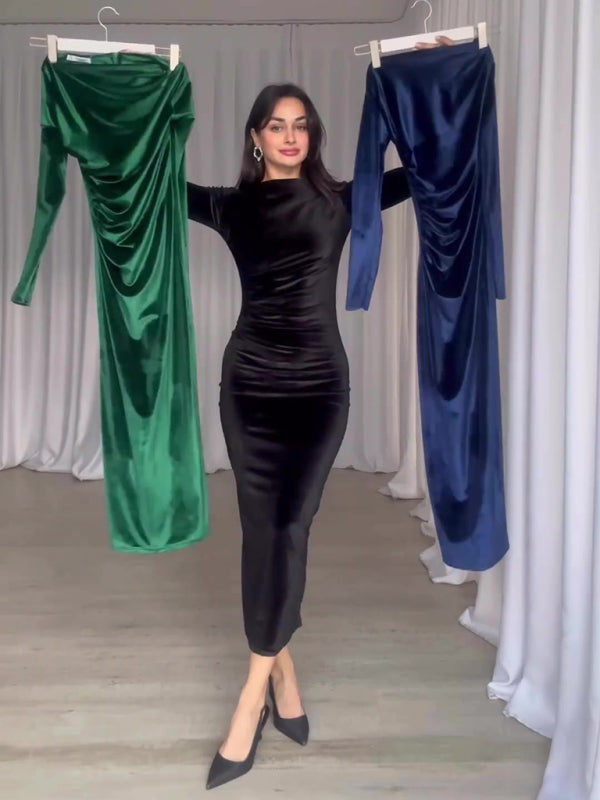Solid Color Slim Fit Pleated Round Neck Long Sleeve Dress