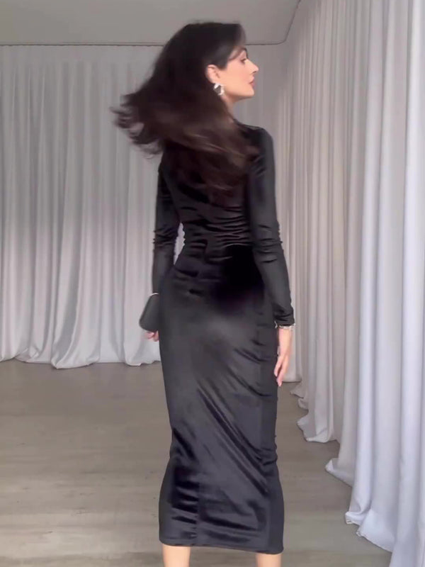 Solid Color Slim Fit Pleated Round Neck Long Sleeve Dress
