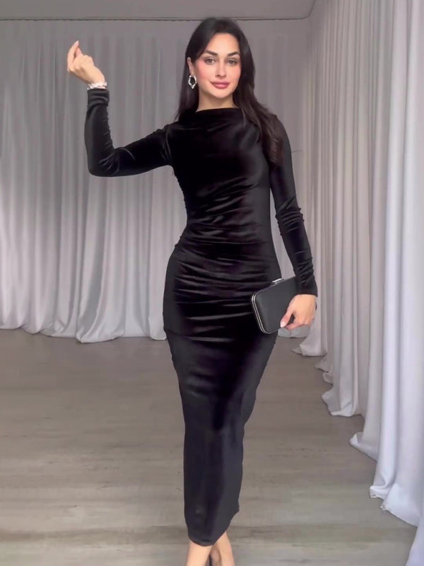 Solid Color Slim Fit Pleated Round Neck Long Sleeve Dress