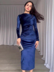 Solid Color Slim Fit Pleated Round Neck Long Sleeve Dress