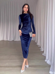 Solid Color Slim Fit Pleated Round Neck Long Sleeve Dress