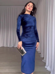 Solid Color Slim Fit Pleated Round Neck Long Sleeve Dress