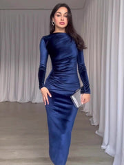 Solid Color Slim Fit Pleated Round Neck Long Sleeve Dress