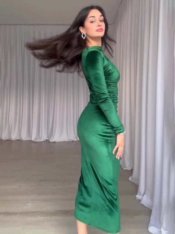 Solid Color Slim Fit Pleated Round Neck Long Sleeve Dress