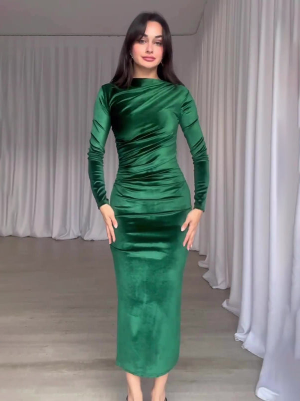 Solid Color Slim Fit Pleated Round Neck Long Sleeve Dress
