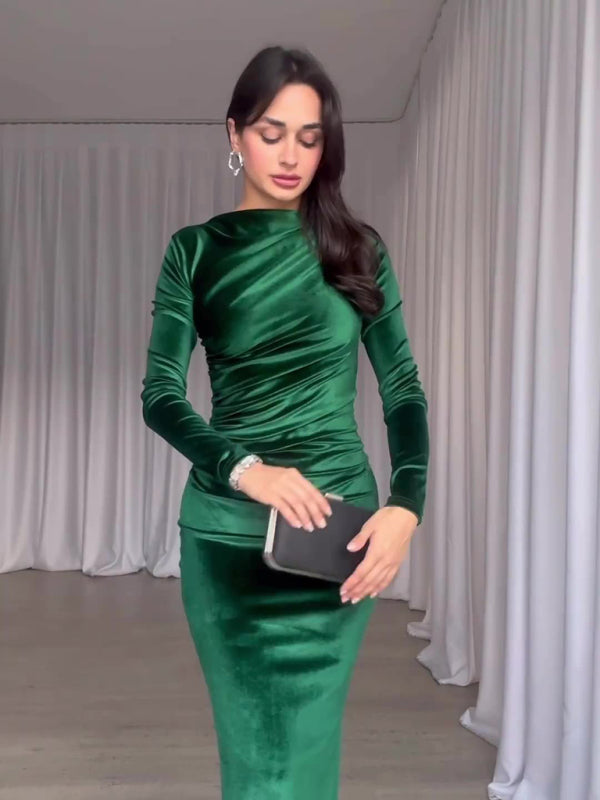 Solid Color Slim Fit Pleated Round Neck Long Sleeve Dress