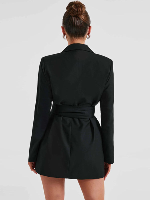 Elegant lapel waist tie mid-length suit dress