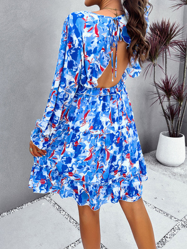 elegant printed V-neck long-sleeved dress