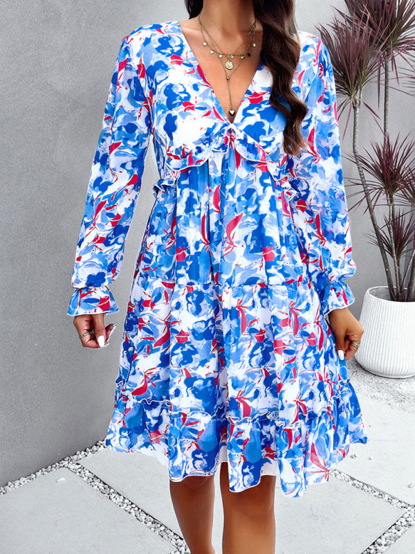elegant printed V-neck long-sleeved dress
