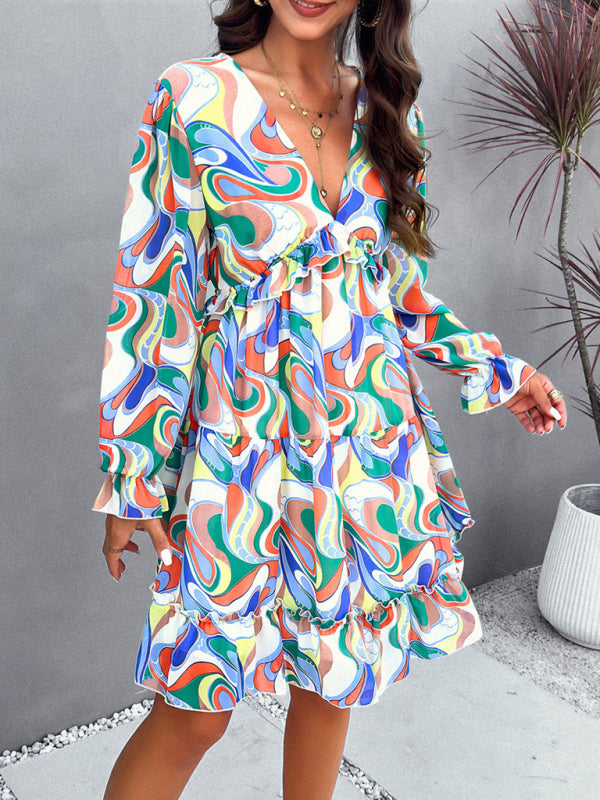elegant printed V-neck long-sleeved dress