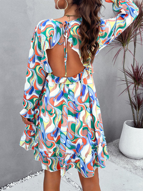elegant printed V-neck long-sleeved dress