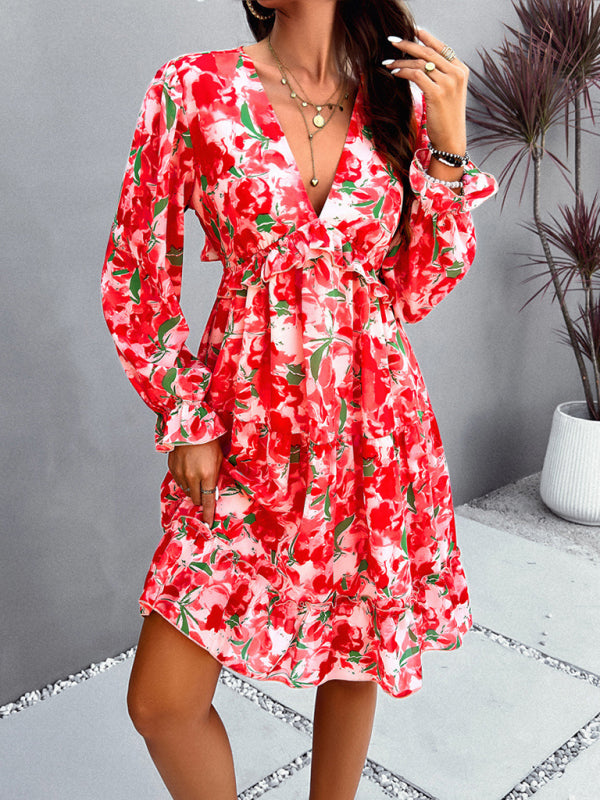 elegant printed V-neck long-sleeved dress