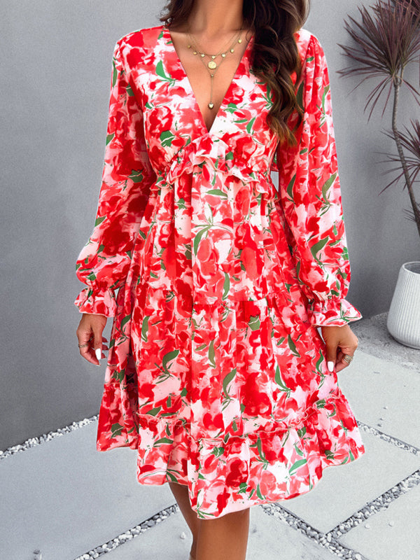 elegant printed V-neck long-sleeved dress