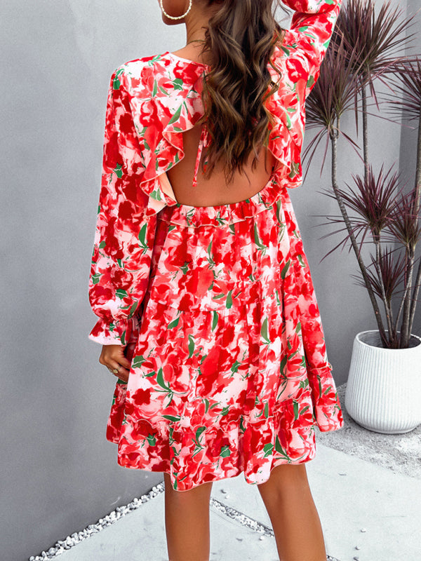 elegant printed V-neck long-sleeved dress