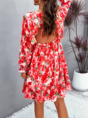 elegant printed V-neck long-sleeved dress