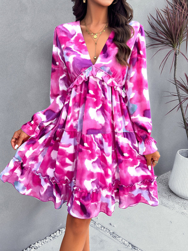 elegant printed V-neck long-sleeved dress