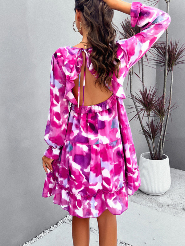 elegant printed V-neck long-sleeved dress