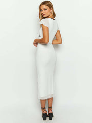 bow-trimmed low-cut sexy V-neck short-sleeved butt-covering dress