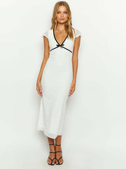 bow-trimmed low-cut sexy V-neck short-sleeved butt-covering dress