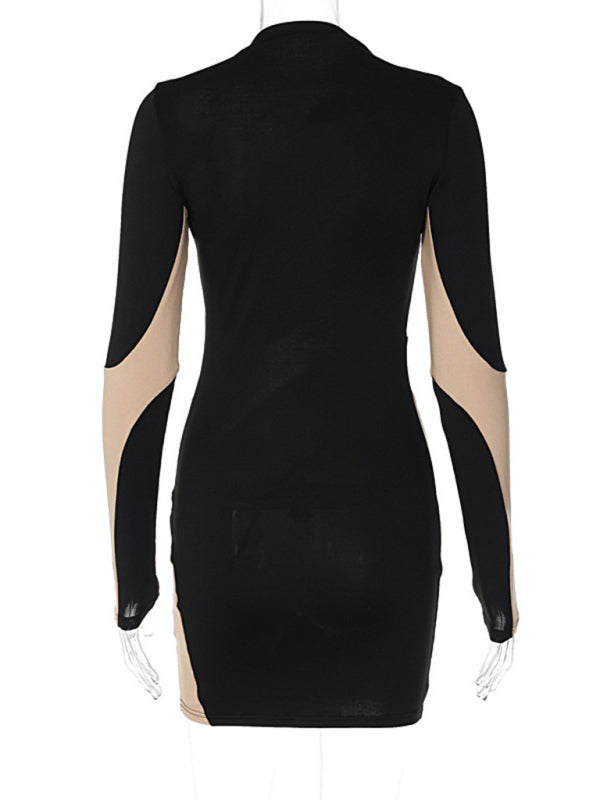 Spliced hollow round neck long-sleeved slim dress