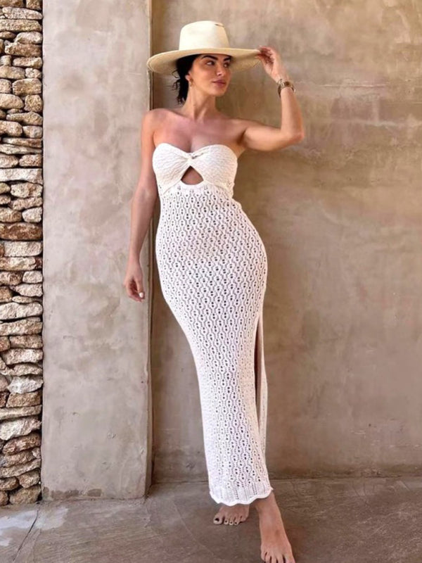 tube top open mesh hollow knitted elastic hip-covering hot girl dress