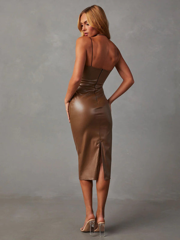 sexy strapless PU leather slit hip-covering backless dress