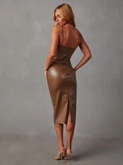 sexy strapless PU leather slit hip-covering backless dress