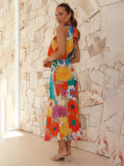 holiday style printed halter neck sleeveless waist dress