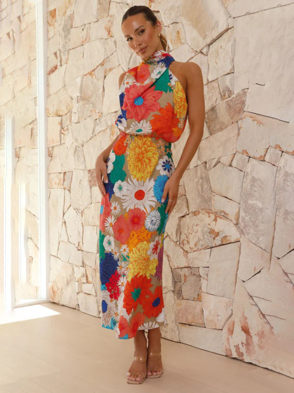 holiday style printed halter neck sleeveless waist dress