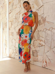 holiday style printed halter neck sleeveless waist dress