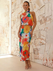 holiday style printed halter neck sleeveless waist dress