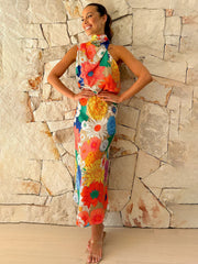 holiday style printed halter neck sleeveless waist dress