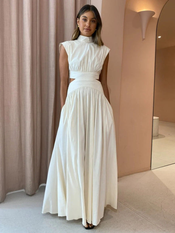 solid color empty waist sexy exposed waist pleated large skirt dress
