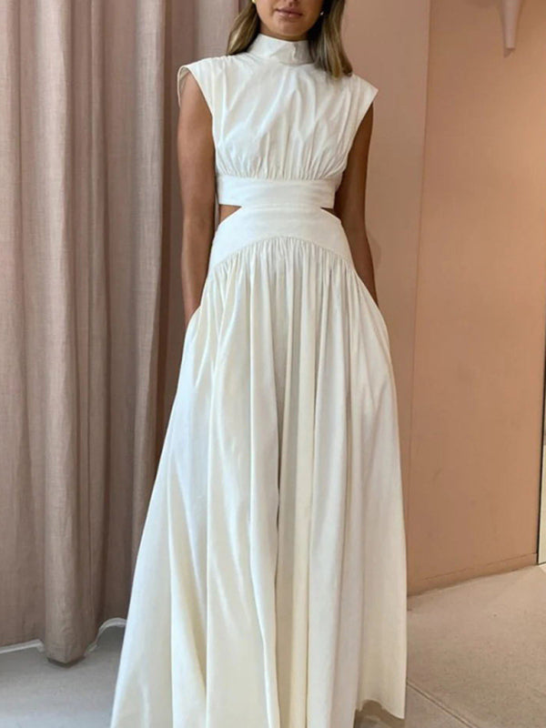 solid color empty waist sexy exposed waist pleated large skirt dress