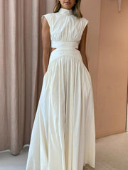 solid color empty waist sexy exposed waist pleated large skirt dress