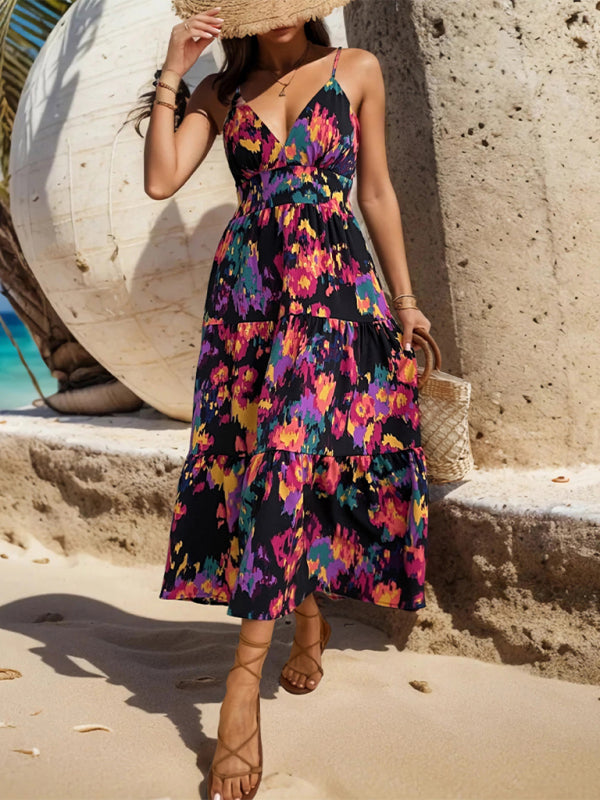 printed A-line long skirt slit suspender backless dress