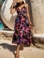 printed A-line long skirt slit suspender backless dress