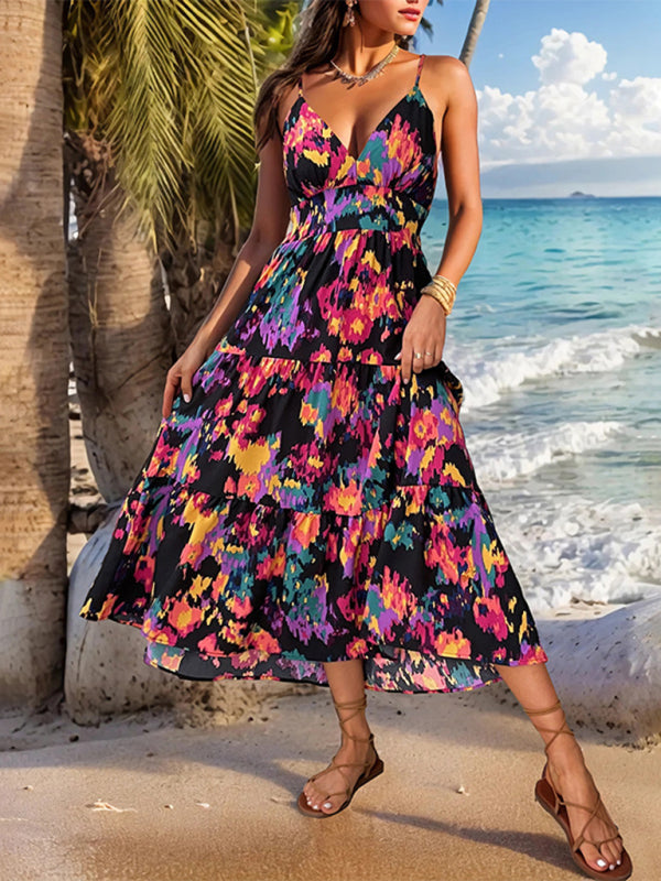 printed A-line long skirt slit suspender backless dress