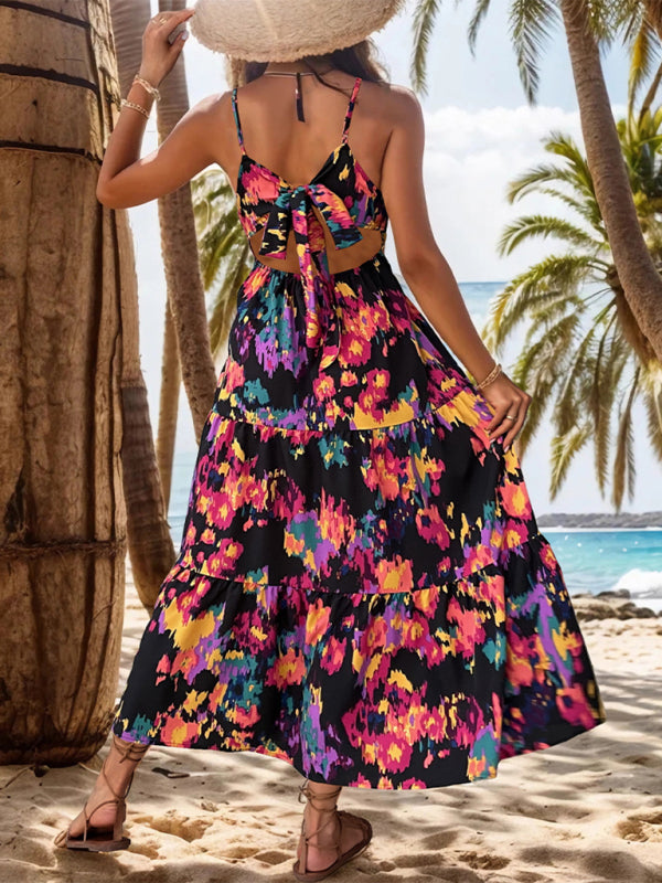 printed A-line long skirt slit suspender backless dress