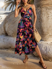 printed A-line long skirt slit suspender backless dress