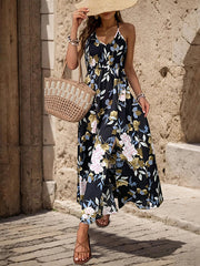 floral print slit strapless backless A-line long dress