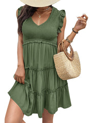 solid color v-neck ruffle dress